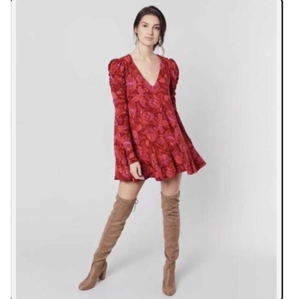 Free People Hello Lover Scarlett Red Combo Tunic‎ Mini Dress Ruched Sleeve Small